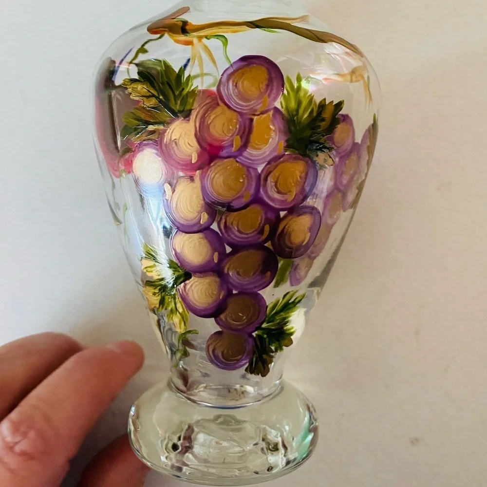 Vintage hand painted apples and grapes glass vase.